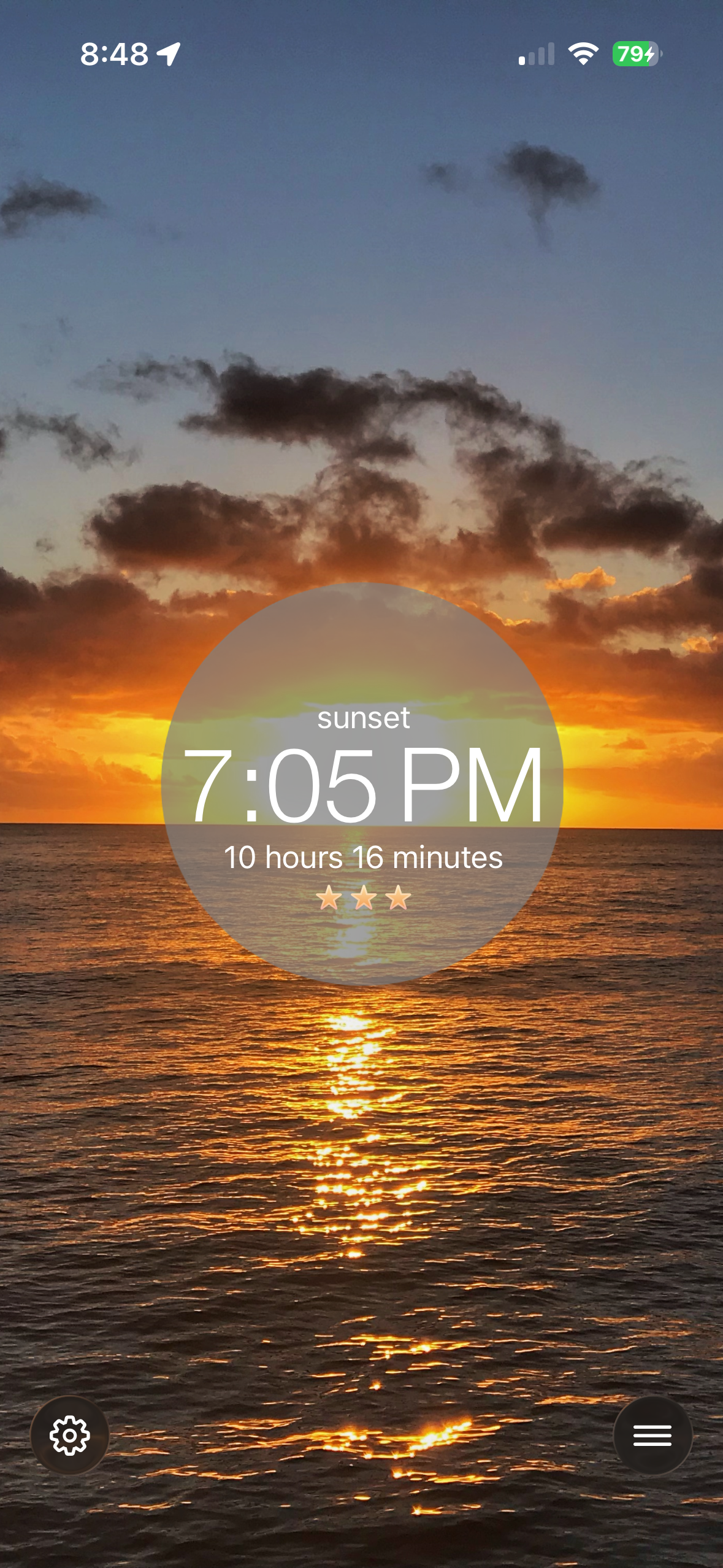 Look main screen showing next sunset with quality rating