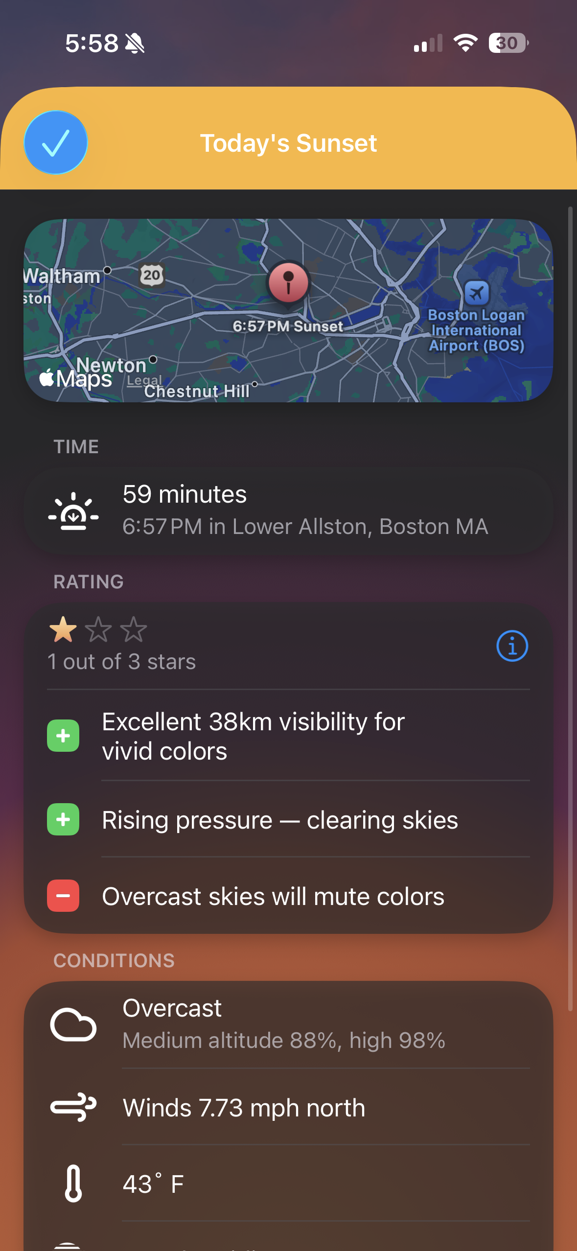Details about a sunset, with insight cards explaining the rating